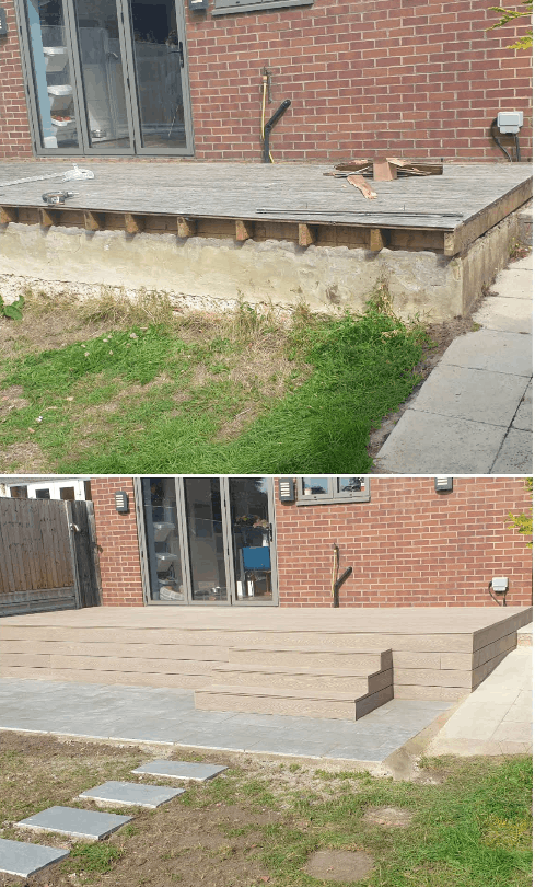 Garden decking before and after by R Construction Ltd - timber deck replaced with slate-colored steps