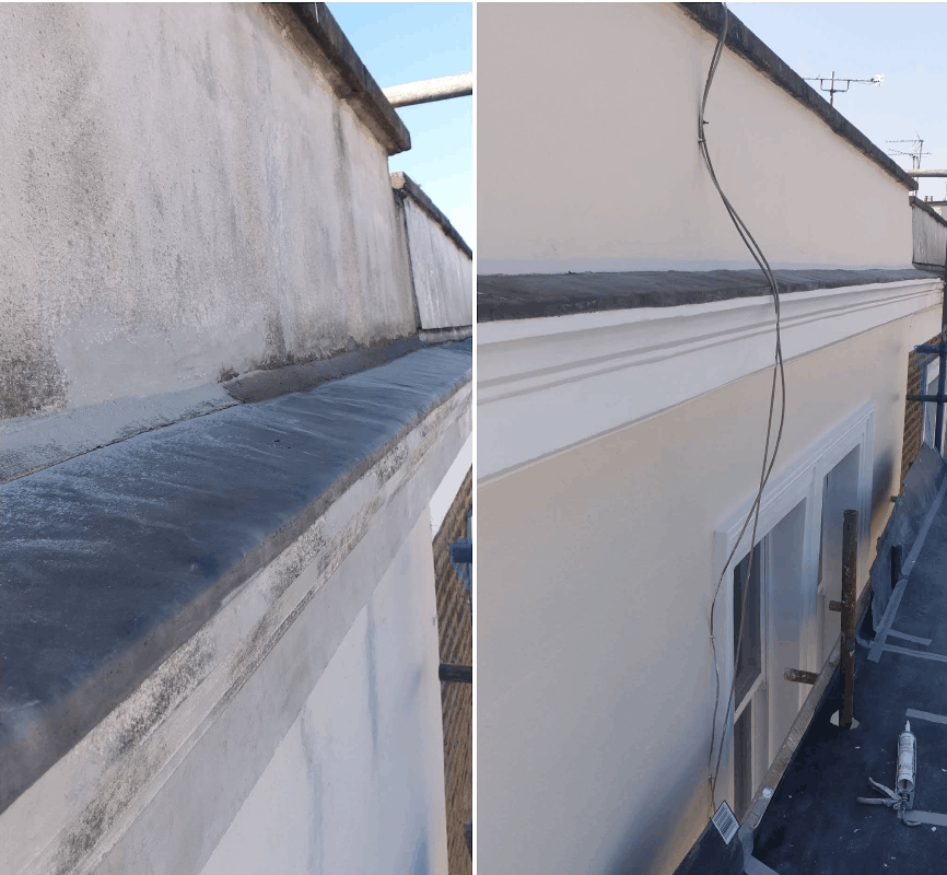 Exterior render repair before and after by R Construction Ltd - crumbling render restored to clean white finish